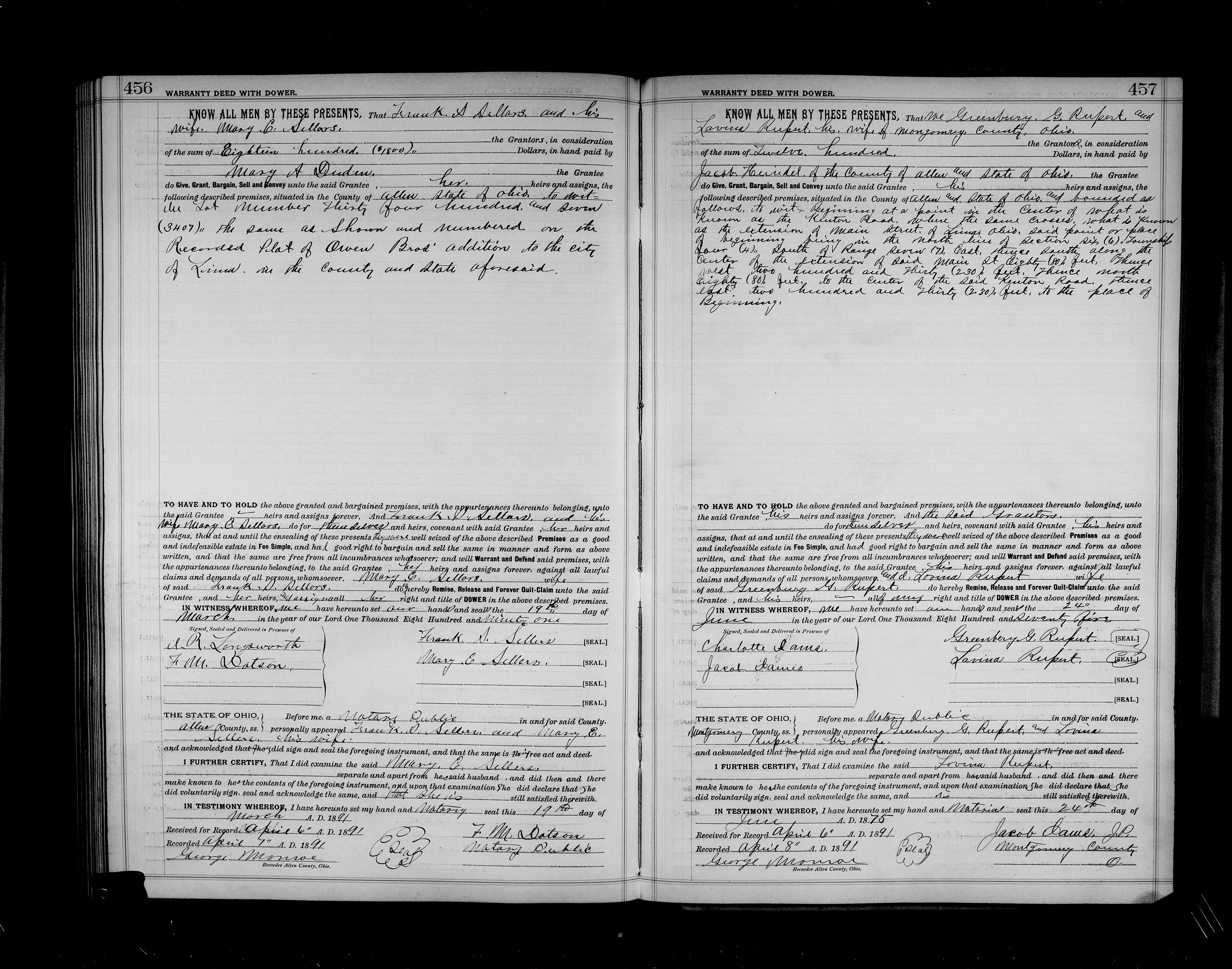 Greenberry G. Rupert & Lavina Hyre Rupert Sold Lima Inlot To Jacob Heindel, 06-24-1875